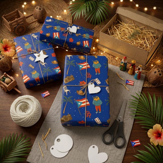 Puerto Rico Wrapping Paper Roll Caribbean Island Gift Wrap Tropical Flag Domino Palm Tree Festive Holiday Birthday Navidad Papel de Regalo