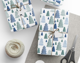 Blue & Green Christmas Tree Wrapping Paper Roll | Modern Holiday Gift Wrap Sheets | Winter Forest Wrapping Paper for Gifts