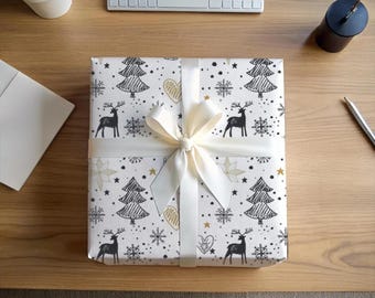 Scandinavian Christmas Wrapping Paper: Minimalist Reindeer & Trees
