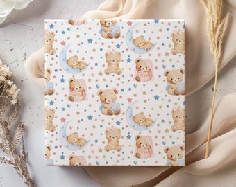 Teddy Bear Baby Shower Wrapping Paper | Celestial Moon Star Gift Wrap, Neutral Newborn Present
