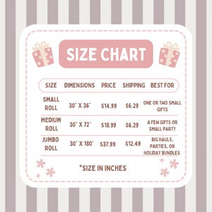 May include: A pink and white size chart with the text "SIZE CHART". The chart lists dimensions for small, medium, and jumbo rolls, with sizes in inches. The chart also includes the text "SIZE IN INCHES".