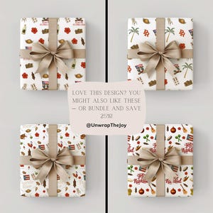 May include: Four wrapped gifts with white paper featuring colorful illustrations and tan bows. The gifts have different patterns, including Puerto Rican flags, flowers, and text. The text on the gifts includes "Puerto Rico" and "Feliz Navidad".