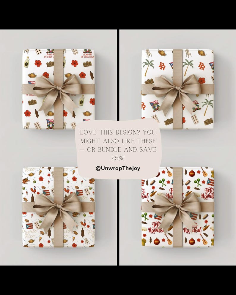 May include: Four wrapped gifts with white paper featuring colorful illustrations and tan bows. The gifts have different patterns, including Puerto Rican flags, flowers, and text. The text on the gifts includes "Puerto Rico" and "Feliz Navidad".