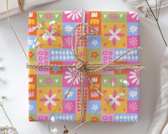 Rollo de papel de regalo floral colorido / Diseño retro, ideal para regalos de cumpleaños o baby shower.