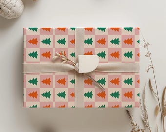 Checkered Christmas Tree Wrapping Paper | Cute Holiday Gift Wrap, Festive Gift Wrap Sheet, Custom Wrapping Paper Roll, Xmas Wrap