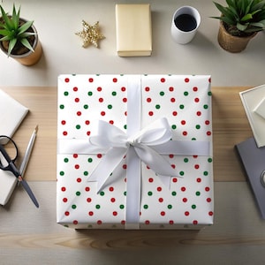 Red & Green Polka Dot Christmas Wrapping Paper | Holiday Gift Wrap Roll, Festive Xmas Gift Wrapping Paper Sheet, Modern Cute Gift Wrap