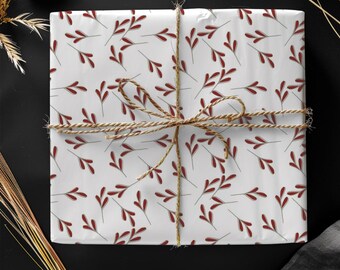 Papel de regalo navideño botánico moderno / Rollo de papel de regalo navideño con ramitas rojas, bonito papel de regalo festivo, hojas de papel de regalo navideño