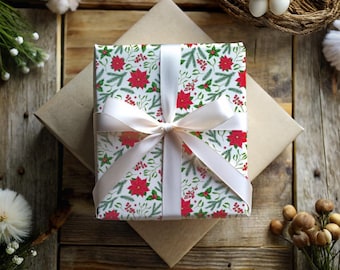 Papel de regalo navideño / Rollo de papel de regalo navideño / Papel de regalo con flor de Pascua roja y acebo / Hojas de papel de regalo navideño festivo