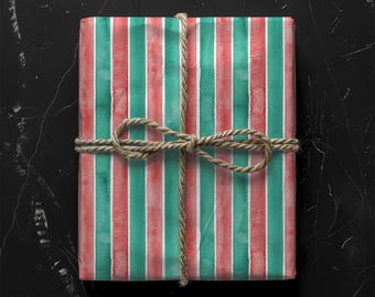 Rot & Grün gestreiftes Geschenkpapier | Aquarell Urlaub Geschenkverpackung | Süße Weihnachtsgeschenkpapierrolle | Festliche, moderne Geschenkverpackung