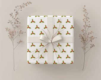 Papier cadeau aux baies de houx | Papier cadeau de Noël classique | Rouleau de papier cadeau des Fêtes | Emballage cadeau de Noël festif | Papier cadeau mignon
