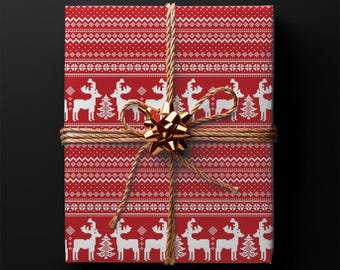 Papel de regalo de reno escandinavo rojo / Rollo de papel de regalo navideño nórdico, papel festivo, bonito papel de regalo navideño para regalos