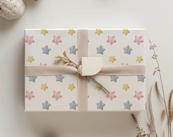 Gender Neutral Star Wrapping Paper Roll | Cute Blue, Yellow & Pink Watercolor Gift Wrap Sheets for Baby Shower, Birthday, or Holidays