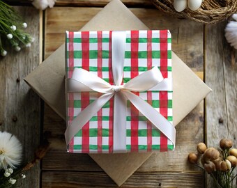 Rollo de papel de regalo a cuadros rojos y verdes / Papel de regalo navideño clásico / Papel de regalo festivo para regalos y decoración navideña