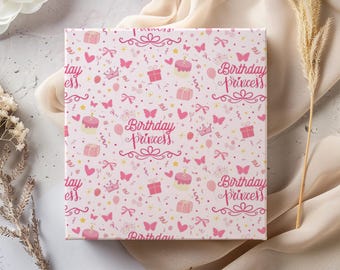 Birthday Princess Wrapping Paper | Pink Girly Gift Wrap Roll for Cute Birthday Presents