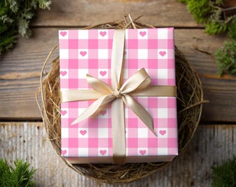 Pink Gingham Wrapping Paper Roll | Cute Coquette Gift Wrap | Pink Bow Aesthetic Wrapping Paper for Birthday or Christmas Gifts