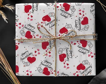 Happy Anniversary Wrapping Paper: Hearts & Rings Design