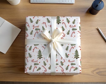 Papel de regalo con forma de bastón de caramelo y árbol de Navidad / Hojas para envolver regalos festivos / Lindo papel de regalo navideño / Rollo para envolver regalos navideños