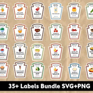 May include: A set of 35+ colorful labels with different sauces, dips, and condiments. The labels are in a vintage style with a brown paper background. The labels feature various illustrations of food and text such as "Hot Sauce", "Buffalo Sauce", "Honey Mustard", "Sriracha Sauce", "Salsa", "Ranch Dressing", "Guacamole Dip", "Chipotle Sauce", "Queso Dip", "Soy Sauce", "Steak Sauce", "Tomato Ketchup", "Basil Pesto", "Balsamic Vinegar", "Yellow Mustard", "Relish", "Sweet Honey", "Sweet Chocolate Sauce", "Creamy Guacamole Dip", "Louisiana Hot Sauce", "Cool Ranch Dressing", "Spicy Salsa", "Zesty Chipotle Sauce", "Spicy Slap Ya Mama", "Cheesy Queso Dip", "Fresh Basil Pesto", "Gourmet Balsamic Vinegar", "Red Chili Sauce", "Green Chili Sauce", "Original BBQ Sauce", "Real Mayonnaise", "Sweet Honey Mustard", "Sweet Relish", and "Hot Buffalo Sauce".