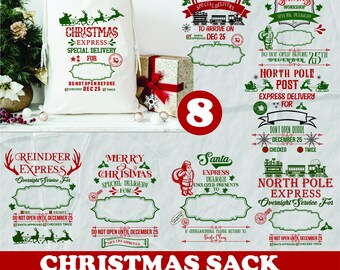 Puede incluir: Un saco de Navidad blanco con diseños verdes y rojos, con el texto "Christmas Express" y "Do Not Open Before Dec 25". La imagen también incluye varios gráficos y elementos de texto con temática navideña.