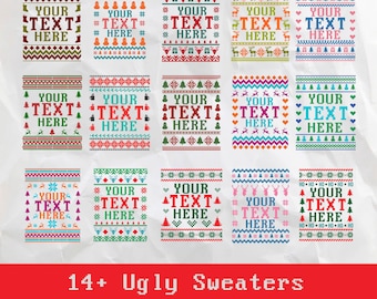 Puede incluir: Un conjunto de 14 diseños de suéteres navideños feos coloridos y pixelados. Cada diseño presenta un patrón diferente e incluye el texto "YOUR TEXT HERE".