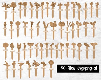 Laser Svg-filer, Roliga Växtpinnar, Växtpinnar SVG, Trädgårdspinnar Svg, Trädgårdsmarkörer SVG, Glowforge svg, Grönsakspinnar Svg