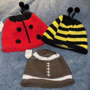 Cute Unique Hand Knit Baby Hat/Cap, Bee, Lady-Bug, Football Perfect For Fall Football Fans Bug Hat Handmade Baby Gift Soft Warm