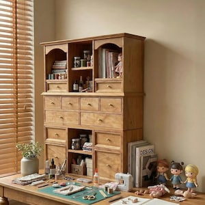 May include: A wooden craft cabinet with multiple drawers and shelves, filled with sewing supplies, jars, and books. A sewing machine, dolls, and a cutting mat are on the desk. The cabinet is made of light-colored wood.