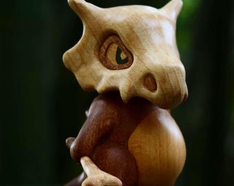 Handcrafted Wooden Cubone Figurine: Black Walnut & Beech Inlay