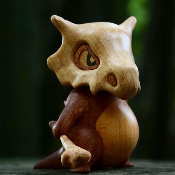 Handcrafted Wooden Cubone Figurine: Black Walnut & Beech Inlay