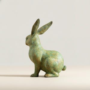 May include: A bronze-colored rabbit sculpture with a textured finish. The rabbit is in a seated position, with its ears erect and its body turned to the side. The sculpture has a green patina and is set against a neutral background.