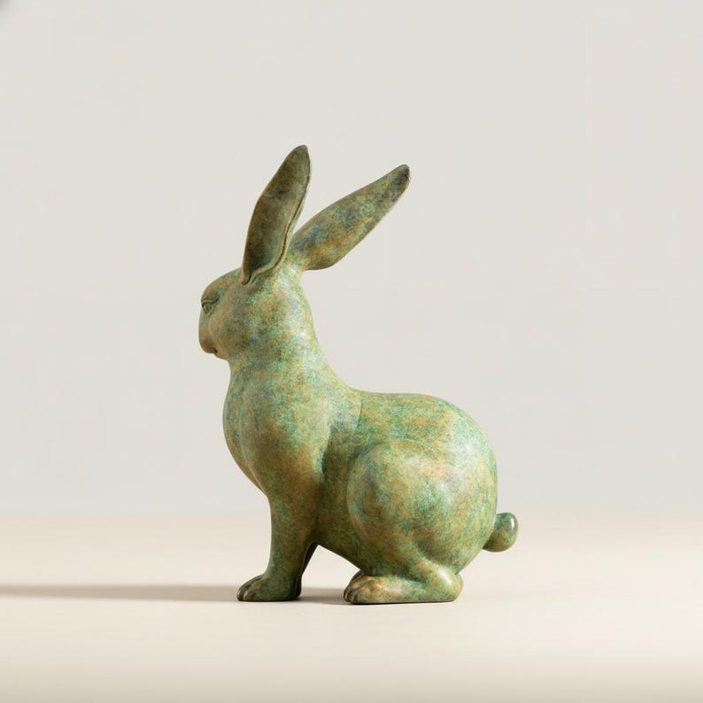 May include: A bronze-colored rabbit sculpture with a textured finish. The rabbit is in a seated position, with its ears erect and its body turned to the side. The sculpture has a green patina and is set against a neutral background.