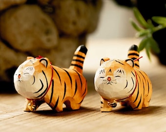 Hand Carved Beech Wood Tiger Figurine: Feng Shui Home Decor