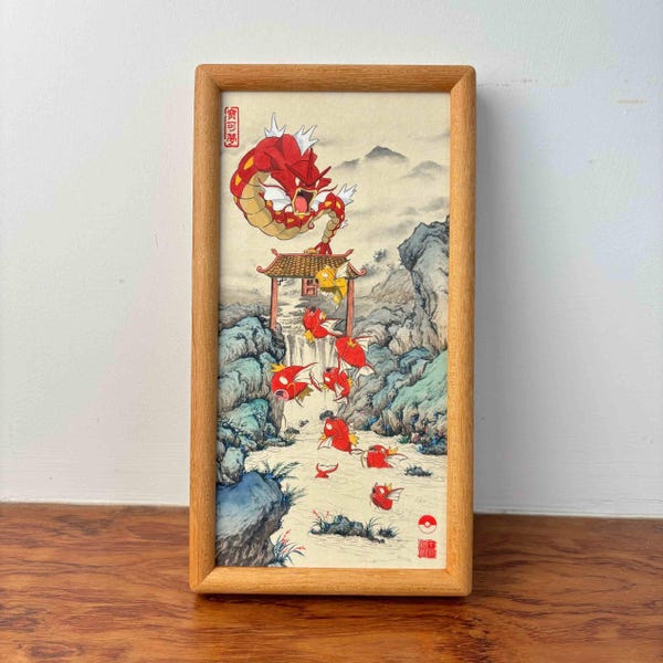 Over the Dragon Gate – Anime Meets Traditional Chinese Landscape (14*28cm, High-Detail Print, Solid Wood Frame/Matboard)