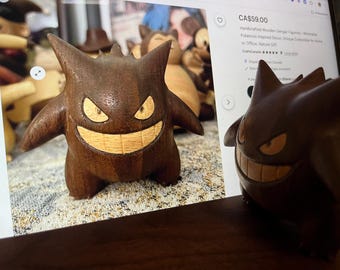 Handgemachte Gengar Holzfigur: Magnetisches Design, Naturholz Inlay