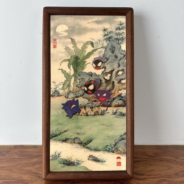 Gengar Landscape Art Print: Anime-Inspired Chinese Ink Style - Solid Wood Frame