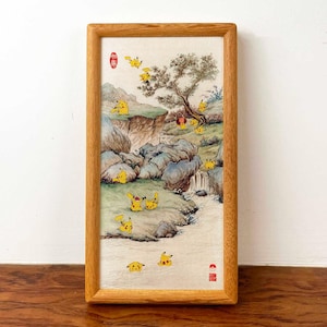 Ink-Style PikaPika Valley Wall Art – Anime Meets Traditional Chinese Landscape (14×28cm, High-Detail Print, Solid Wood Frame/Matboard)