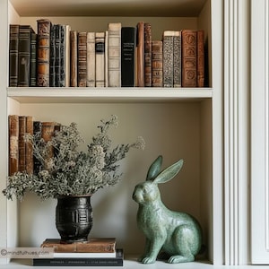 May include: A built-in bookshelf displays a collection of antique books with aged covers. A green rabbit statue sits beside a black vase filled with dried flowers. The shelf is painted white.