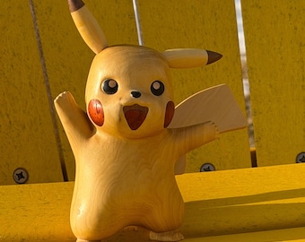 Handcrafted Wooden PikaPika Figurine – Pockey Monster-Inspired Collectible for Fans, Minimalist Desk Décor & Nature Lovers
