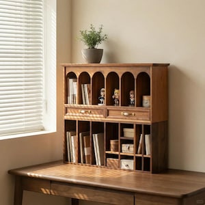 Può includere: Un organizer da scrivania in legno con più scomparti e cassetti. L'organizer è pieno di libri, piccole scatole e statuette decorative. Una piccola pianta in vaso è posta sopra. Il legno ha una finitura calda e naturale.