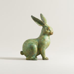 May include: A bronze-colored rabbit sculpture with a green patina. The rabbit is in a seated position with its ears erect. The sculpture has a textured surface and is set against a neutral background.