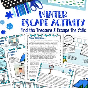 Puede incluir: Un juego de escape de invierno imprimible para niños. El juego presenta una escena de montaña nevada con un yeti, un cofre del tesoro y un rompecabezas de código. El texto en la página dice "Actividad de escape de invierno: Encuentra el tesoro y escapa de los yetis".