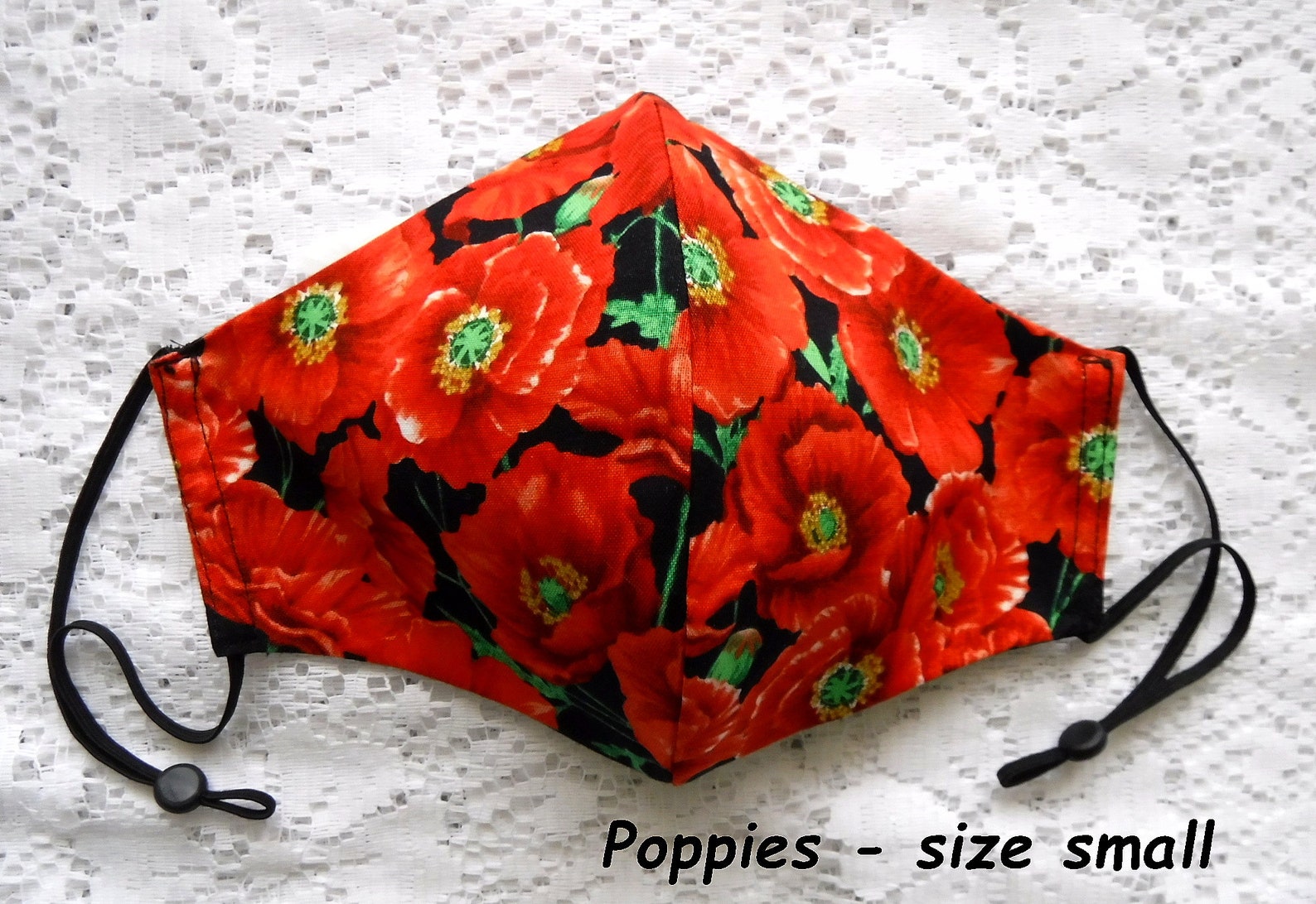 Red Poppies on Black Cotton Face Mask Adult Small Black Cotton Face
