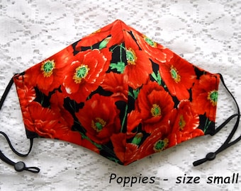 Red poppies on black cotton face mask - black cotton fitted face mask - reversible face mask - red poppy flower mask - washable face mask