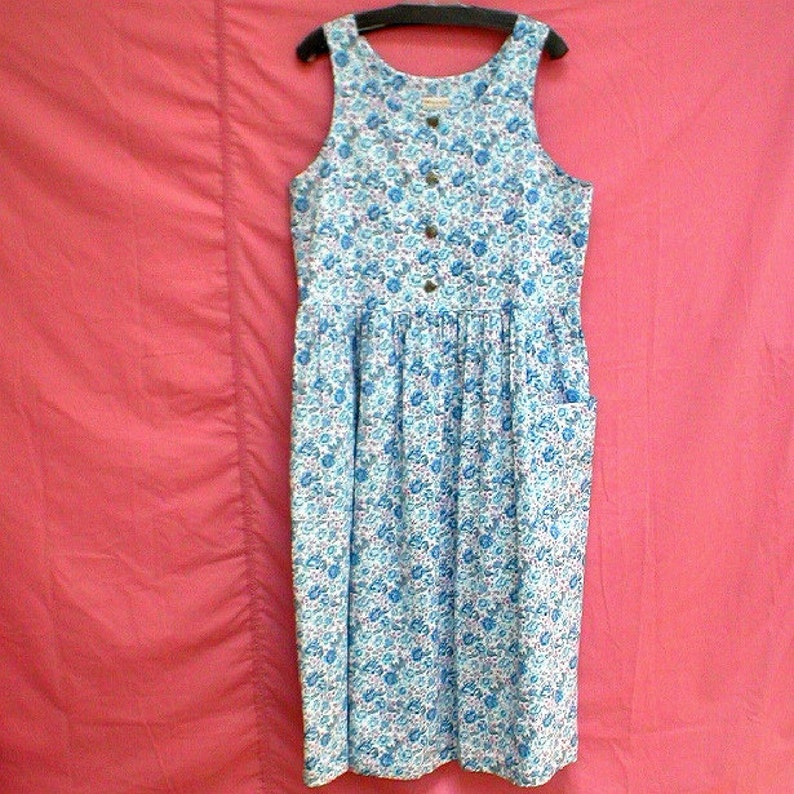 May include: A sleeveless, blue and white floral print dress with a button-up front.