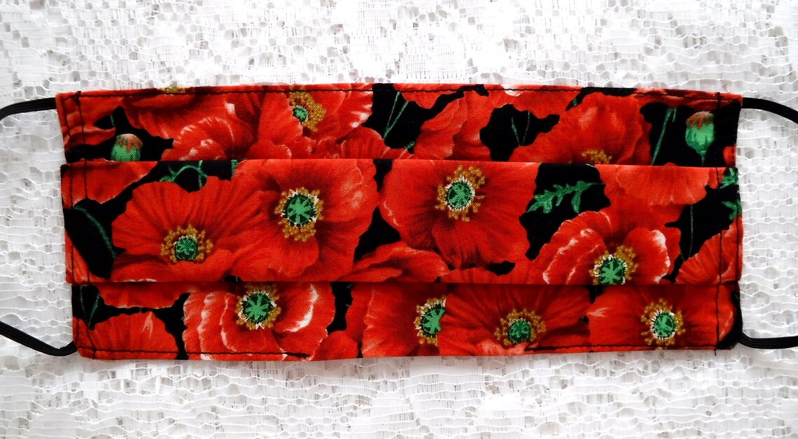Red Poppy Flower Face Mask Adults Cotton Pleated Face Mask Floral Face Mask Red Black Poppy Face