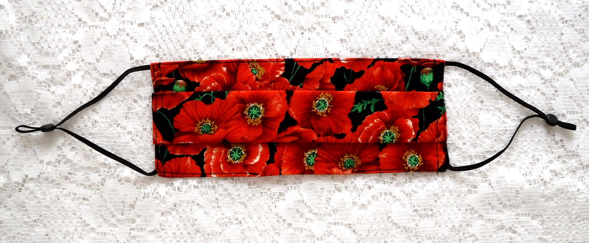 Red Poppy Flower Face Mask Adults Cotton Pleated Face Mask Floral Face Mask Red Black Poppy Face