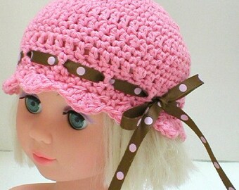 Girls pink cotton crochet beanie brown pink polka dot ribbon hat pink crochet beanie hat girls pink crochet brim hat Canada pink chemo cap