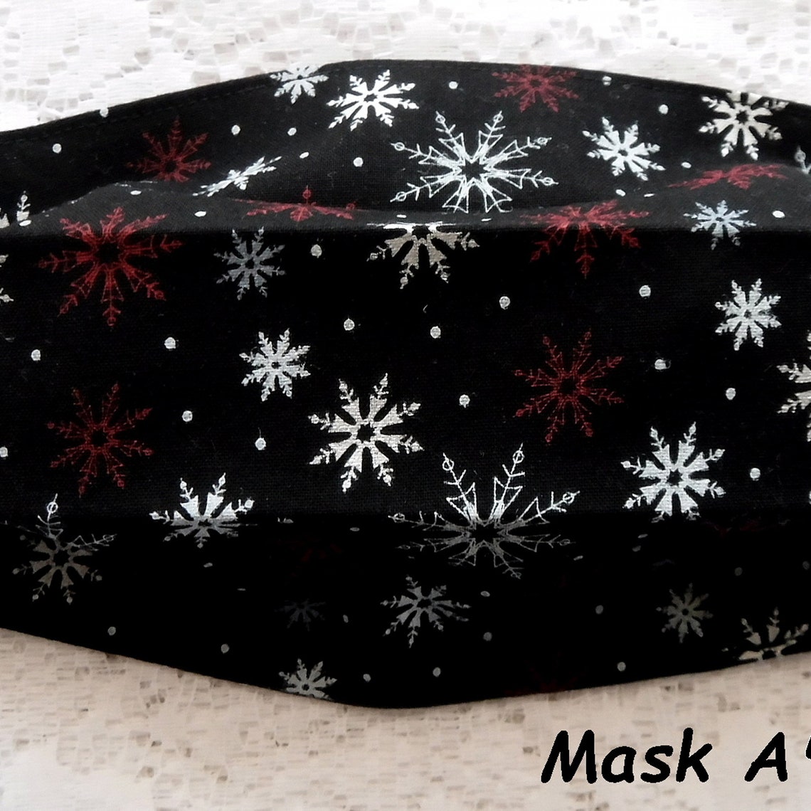 Snowflake Face Mask Red White Silver Snowflakes on Black Face Mask Adult Cotton Pleated Face