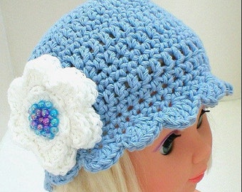 Girls denim blue cotton crochet beanie hat with a white crochet flower blue flower beanie hat crochet beanie blue chemo cap blue hat Canada