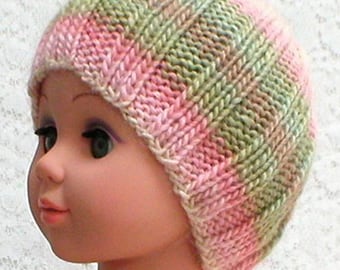 Girls pink green striped beanie hat babies hat pink brown green cream striped hat knit hat teens womens hat striped chemo cap wool blend hat